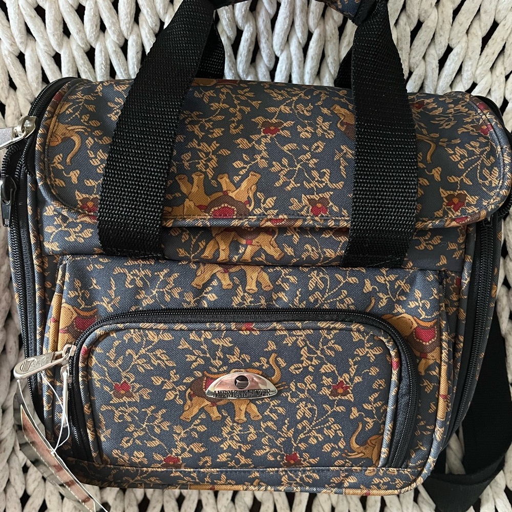 American Flyer Travel Bag Navy Blue and Tan Elephant Pattern Bag